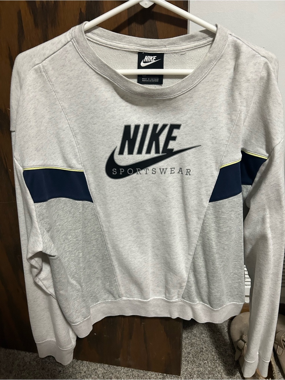 Nike Light Gray Cropped Crewneck Sweatshirt with Navy and Yellow Trim